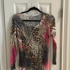 Cache Vintage Multicolor Equestrian Print Long Sleeve Shirt w/ Crystals